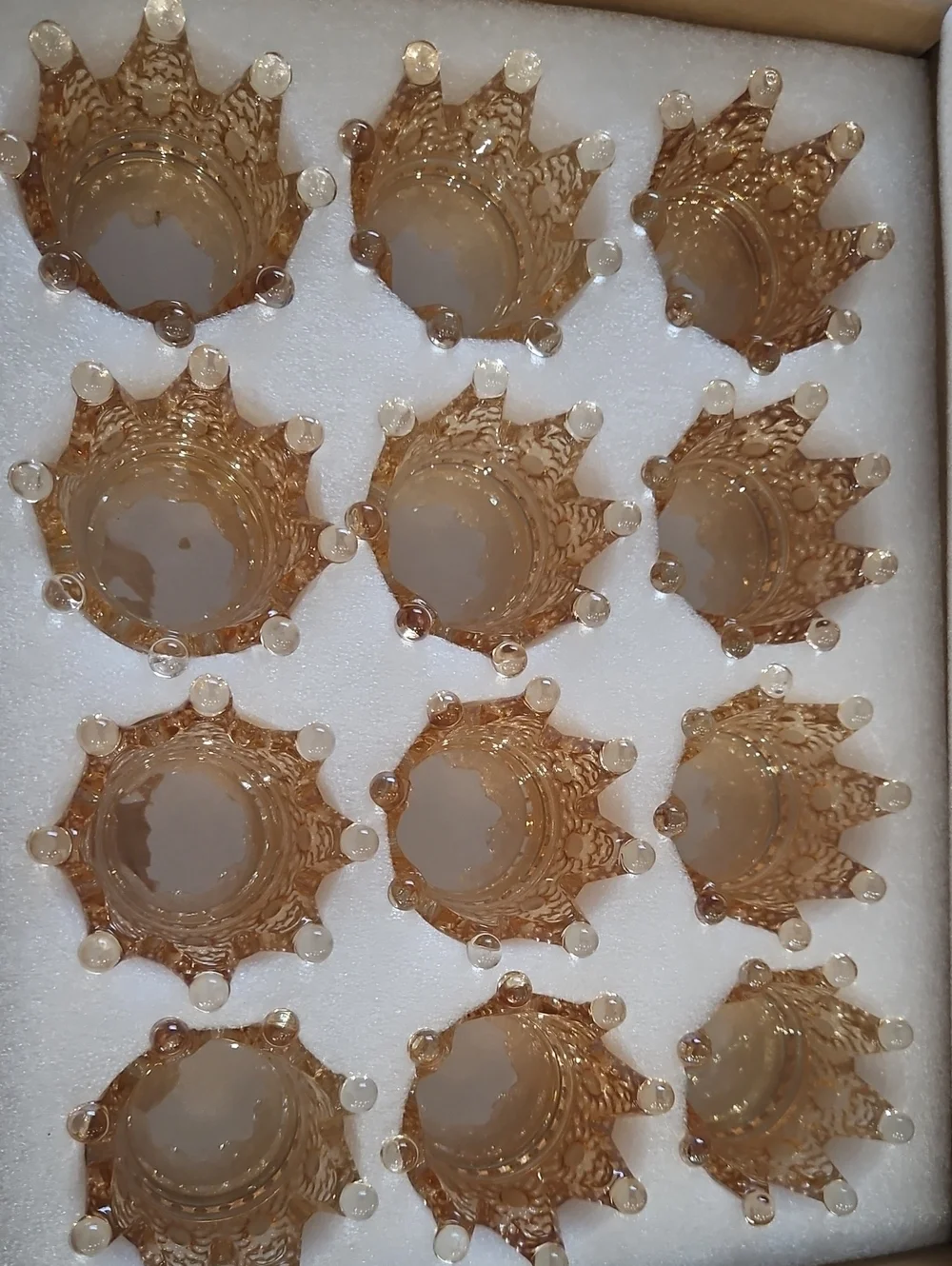 12 Pcs Glass Crown Tealight Holder - Gold/amber Color